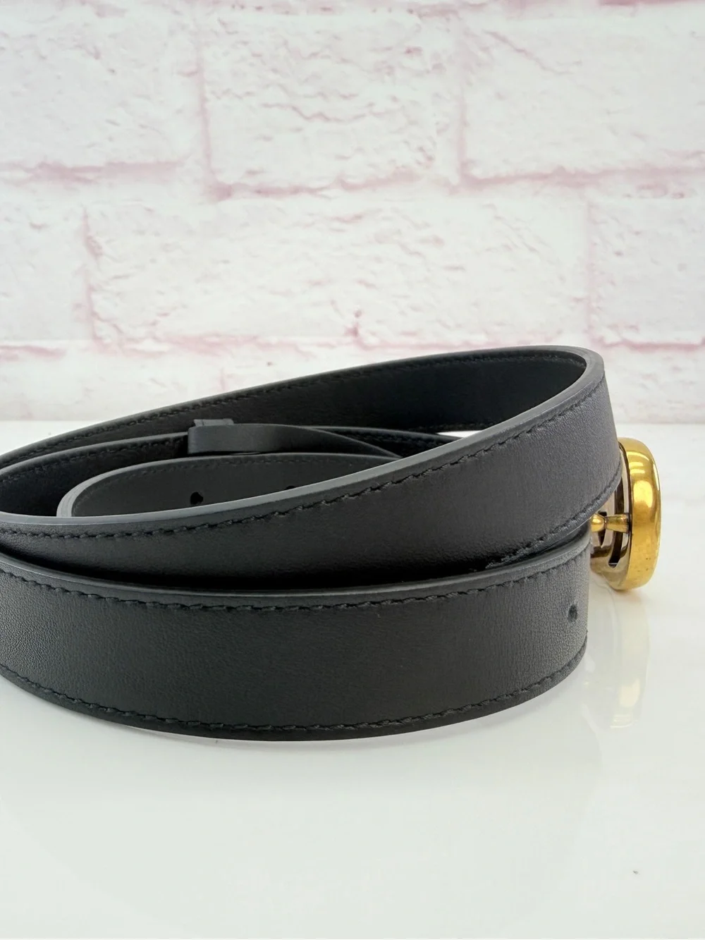 Gucci Gg Marmont Slim Black Leather Double G Belt Gold Buckle 409417 85/34